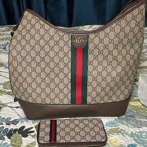 Gucci Monogram Beige and Brown Bag with Green and Red Stripe